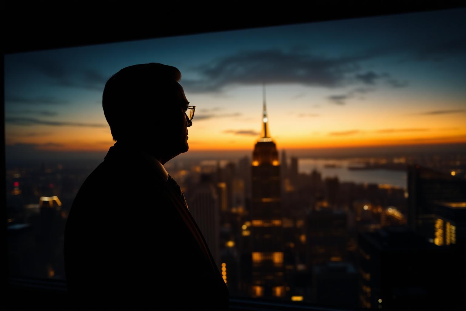Visionary investor overlooking the city skyline at dusk